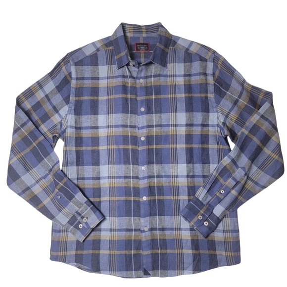 UNTUCKit Tribuno Blue Plaid 100% Linen Wrinkle-Resistant Shirt M - Picture 2 of 5